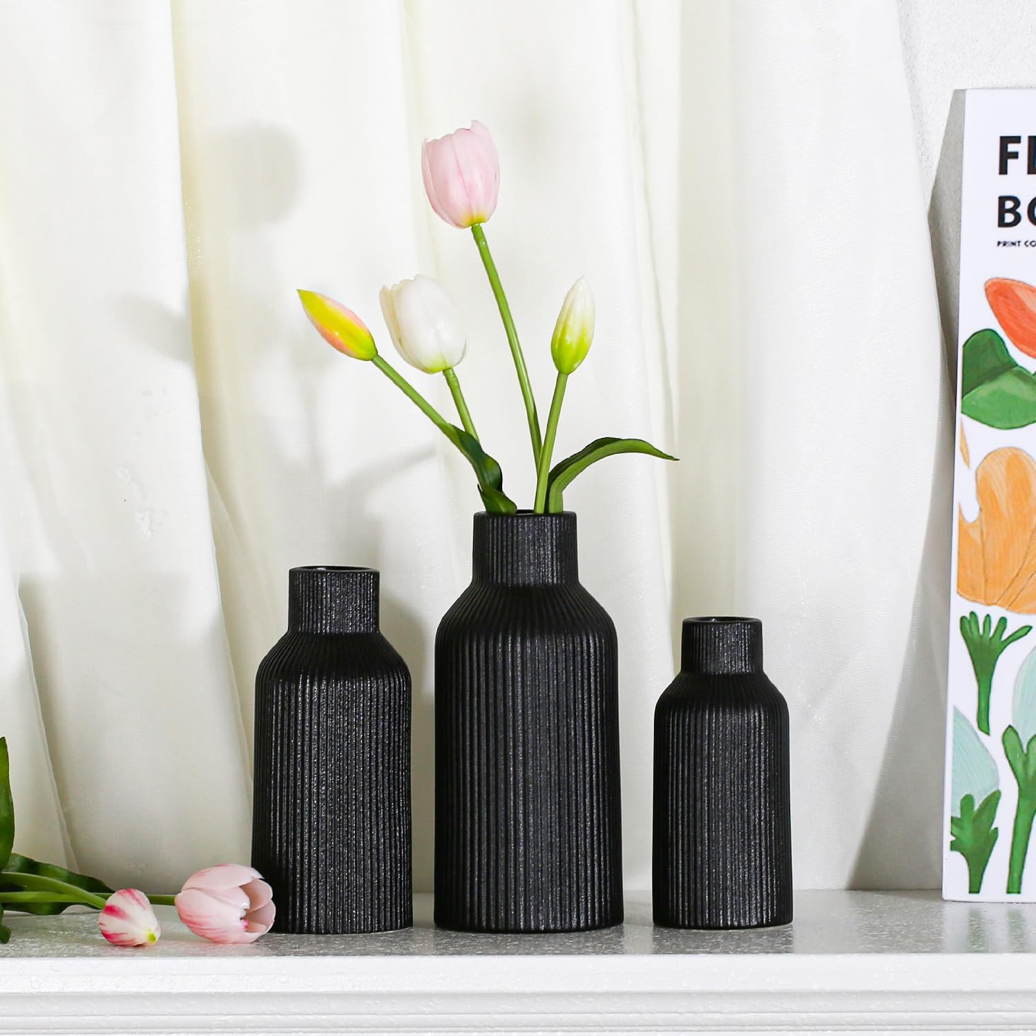 Bohemian Black Ceramic Vase - for Pampas Grass, Mantel, Bookshelf, Entryway and Living Room Decor (Black, Set of 3)