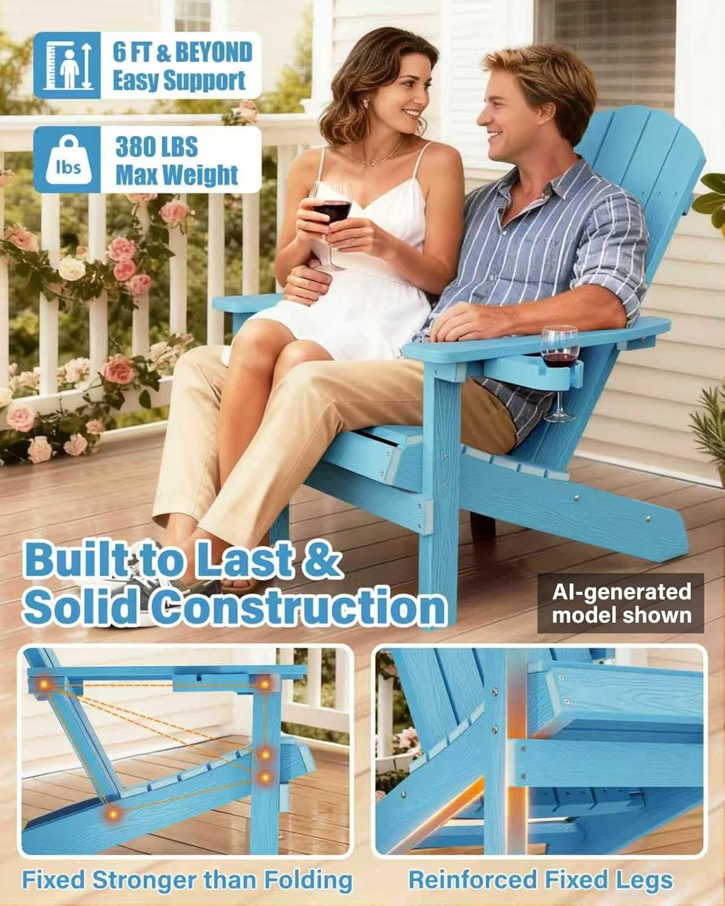 YEFU Adirondack Chair Weather Resistant: Outdoor Chair HIPS Plastic Adirondack Chairs - Patio Chairs with Cup Holder & Wood Texture - Lawn Fire Pit Deck Porch Garden Chairs for Adults (Blue)