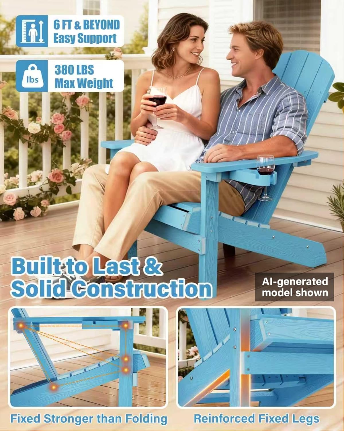 YEFU Adirondack Chair Weather Resistant: Outdoor Chair HIPS Plastic Adirondack Chairs - Patio Chairs with Cup Holder & Wood Texture - Lawn Fire Pit Deck Porch Garden Chairs for Adults (Blue)