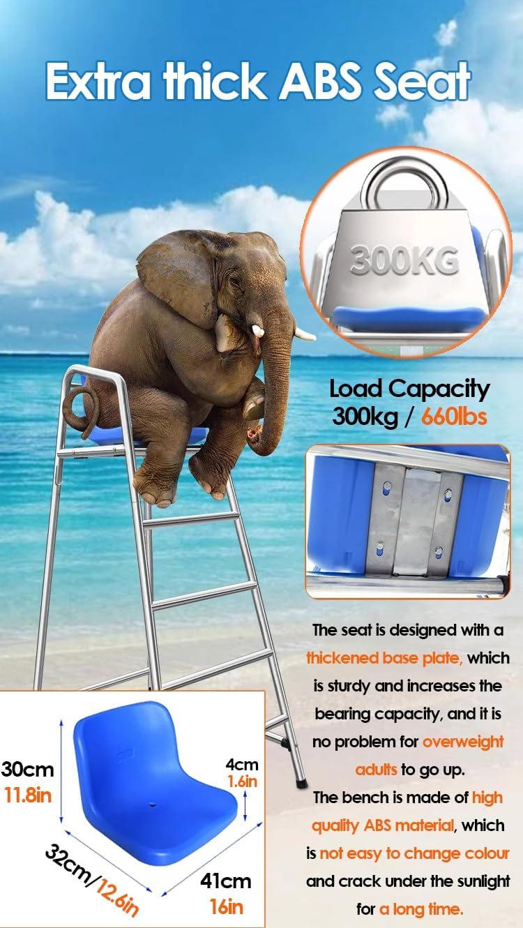 Outdoor Life Guard Chair for Patio Beach Water Park, Tall Pool Deck Lifeguard Chairs for Kids/Adults, Heavy Duty Stainless Steel Elevated Lifeguard Chair, Loads 660lbs(3 Steps - H 150cm/59inch)