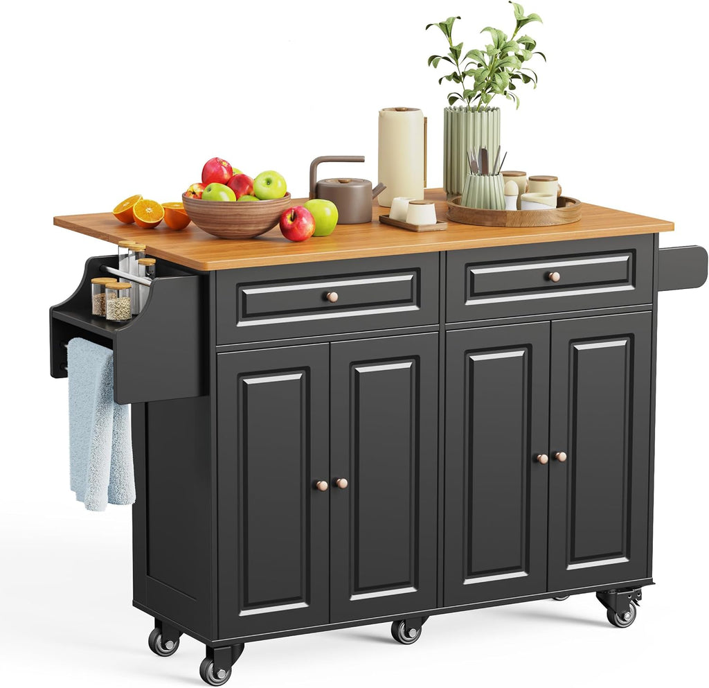 Aiho Kitchen Island Cart with Folding Drop Leaf, 52" Width Mobile Carts with Storage Cabinet, Rolling Kitchen Table with Spice Rack, Towel Rack, and Drawer, Black