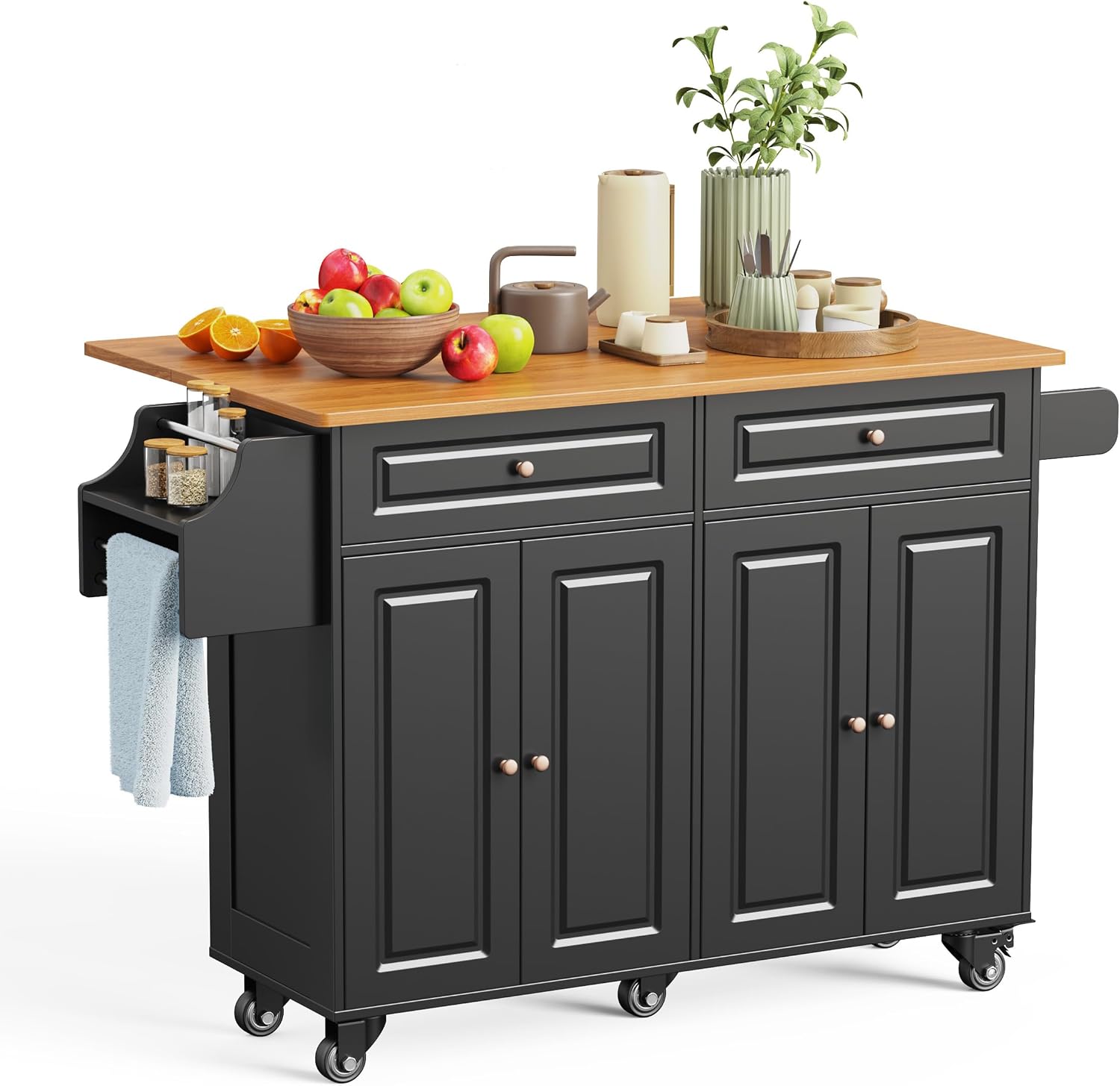 Aiho Kitchen Island Cart with Folding Drop Leaf, 52" Width Mobile Carts with Storage Cabinet, Rolling Kitchen Table with Spice Rack, Towel Rack, and Drawer, Black