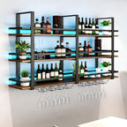 Wine Rack Wall Mounted with LED Lights, 3 Tier Metal Liquor Floating Display Shelves, with Wine Glass Rack, Iron & Wood Industrial Wall Wine Rack, for Bar, Kitchen, Cafe (Black, 63in)