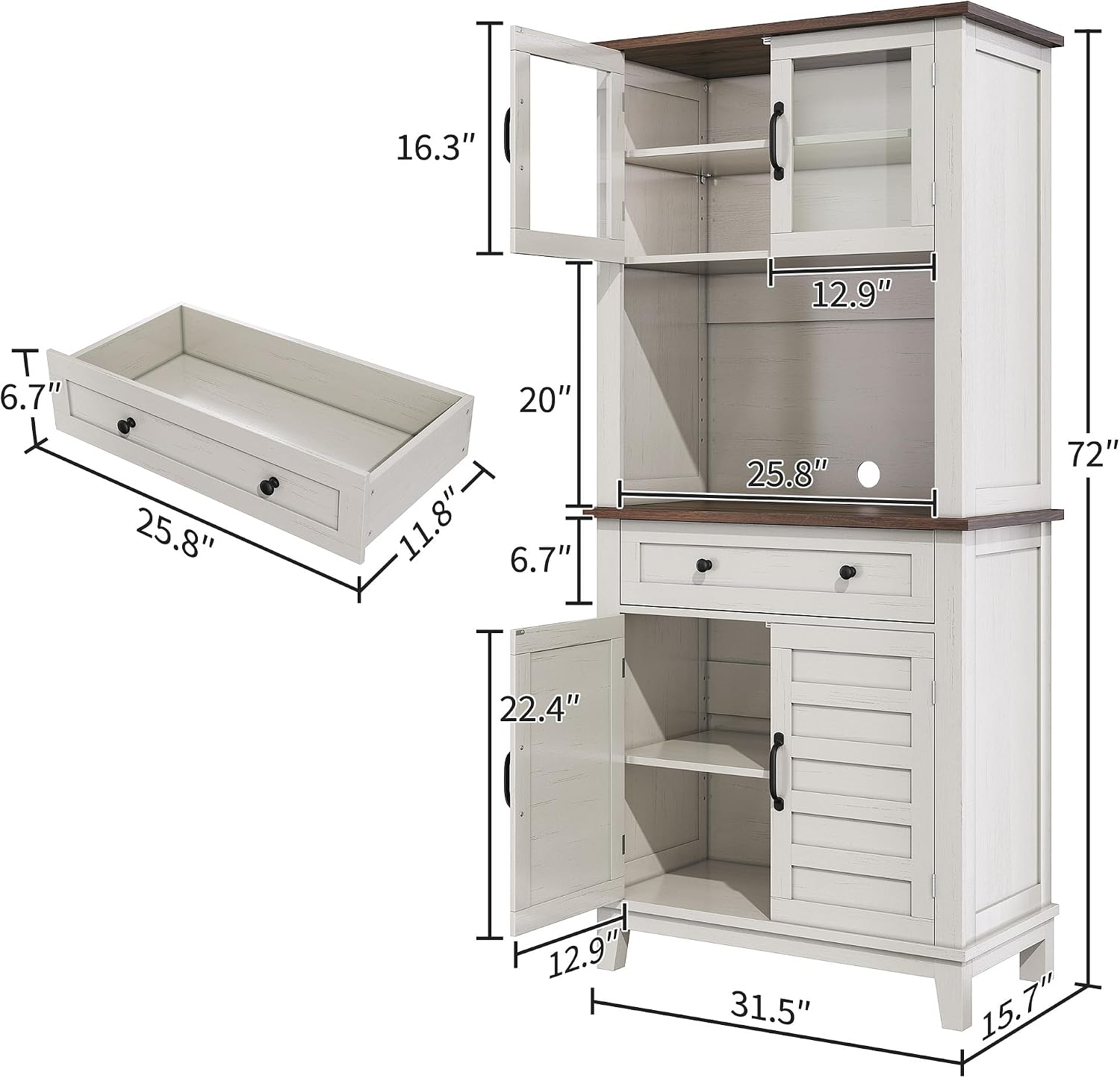 Garvee 72 in Tall Kitchen Pantry Cabinet, Kitchen Hutch Bar Cabinet with Microwave Stand, Cupboard with Drawers Glass Doors for Dining Room, Living Room, White