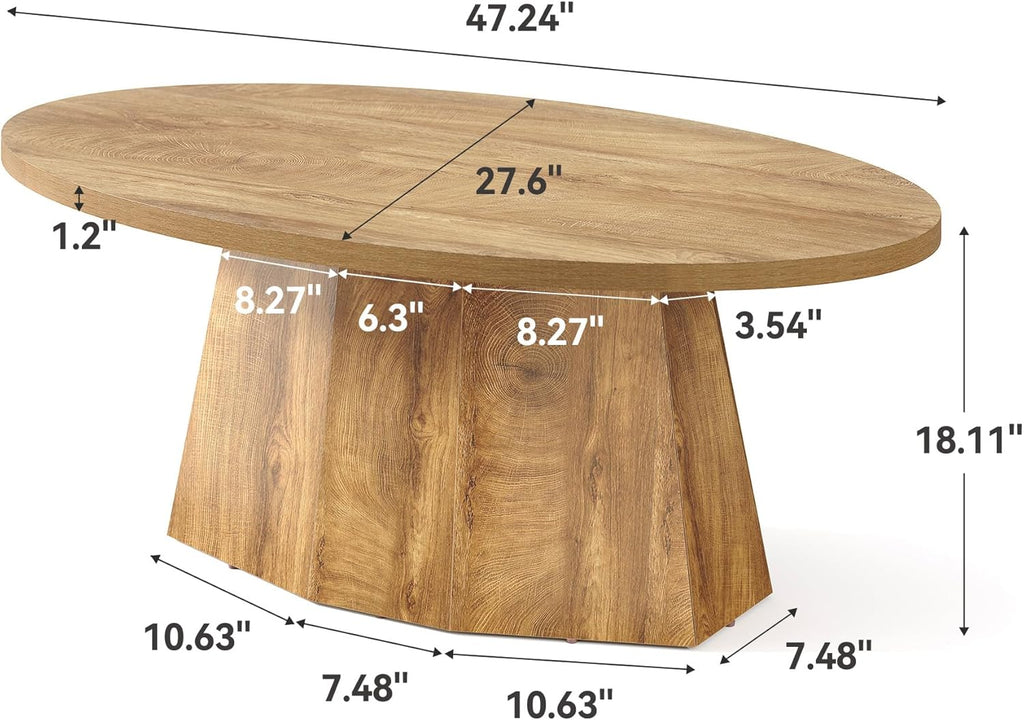 Oval Coffee Table, 47-Inch Living Room Table with Polygonal Pedestal, Modern Center Accent Furniture, Child-Friendly, Easy Assembly, Yellowish Brown
