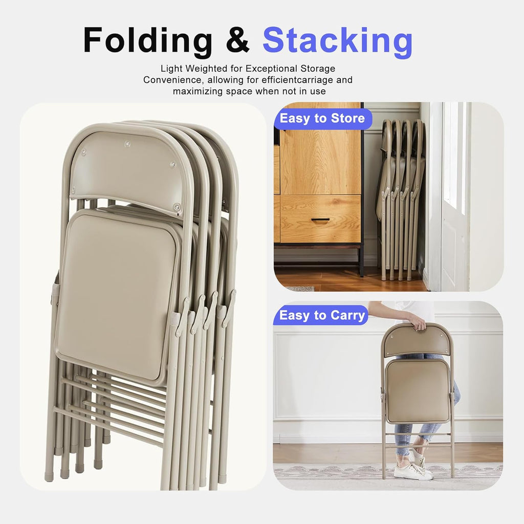 Folding Chairs 2 Pack, Portable Stackable Commercial Chair, Indoor Outdoor Padded Leather Chair with Sturdy Metal Frame, for Home, Office, or Party Events. (Kahki, 2 Pack)