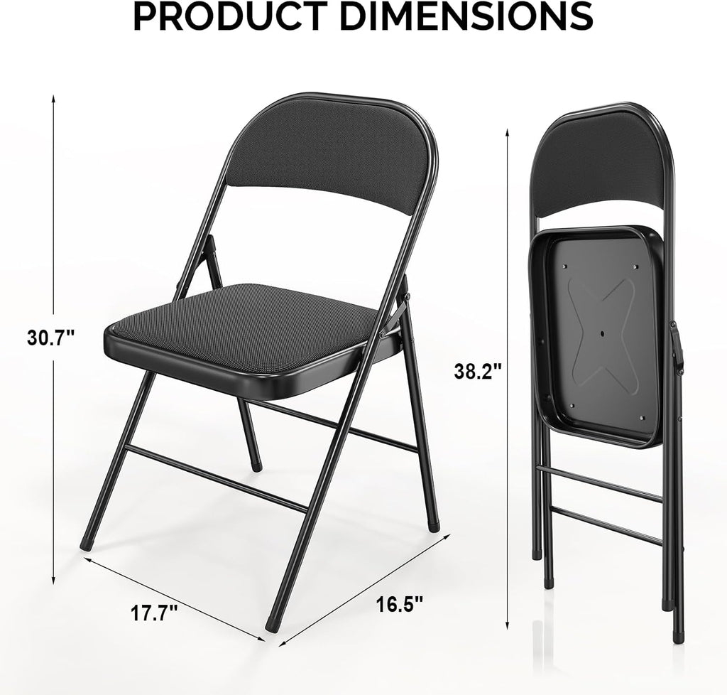Bonnlo Folding Chair, Fabric Padded Folding Chairs with Cushion, Back and Steel Frame for Indoor Outdoor Outside Dinning Office Camping Use, Black, 6 Pack