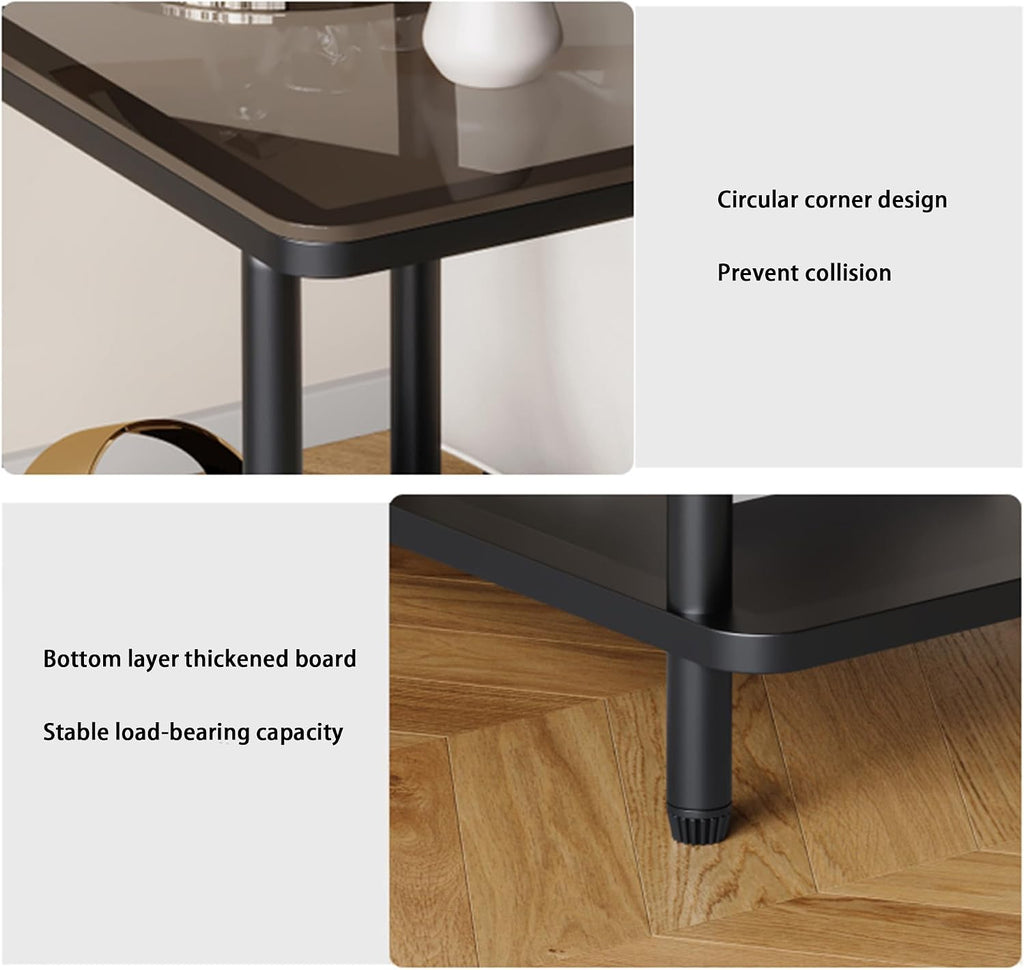 EASYSOUL Small Square Glass Coffee Tables for Living Room, 15.75 x 15.75 x 20.87 in, Side Table with 2 Drawers, Simple & Modern Nightstands for Small Space, Black End Tables (Black)