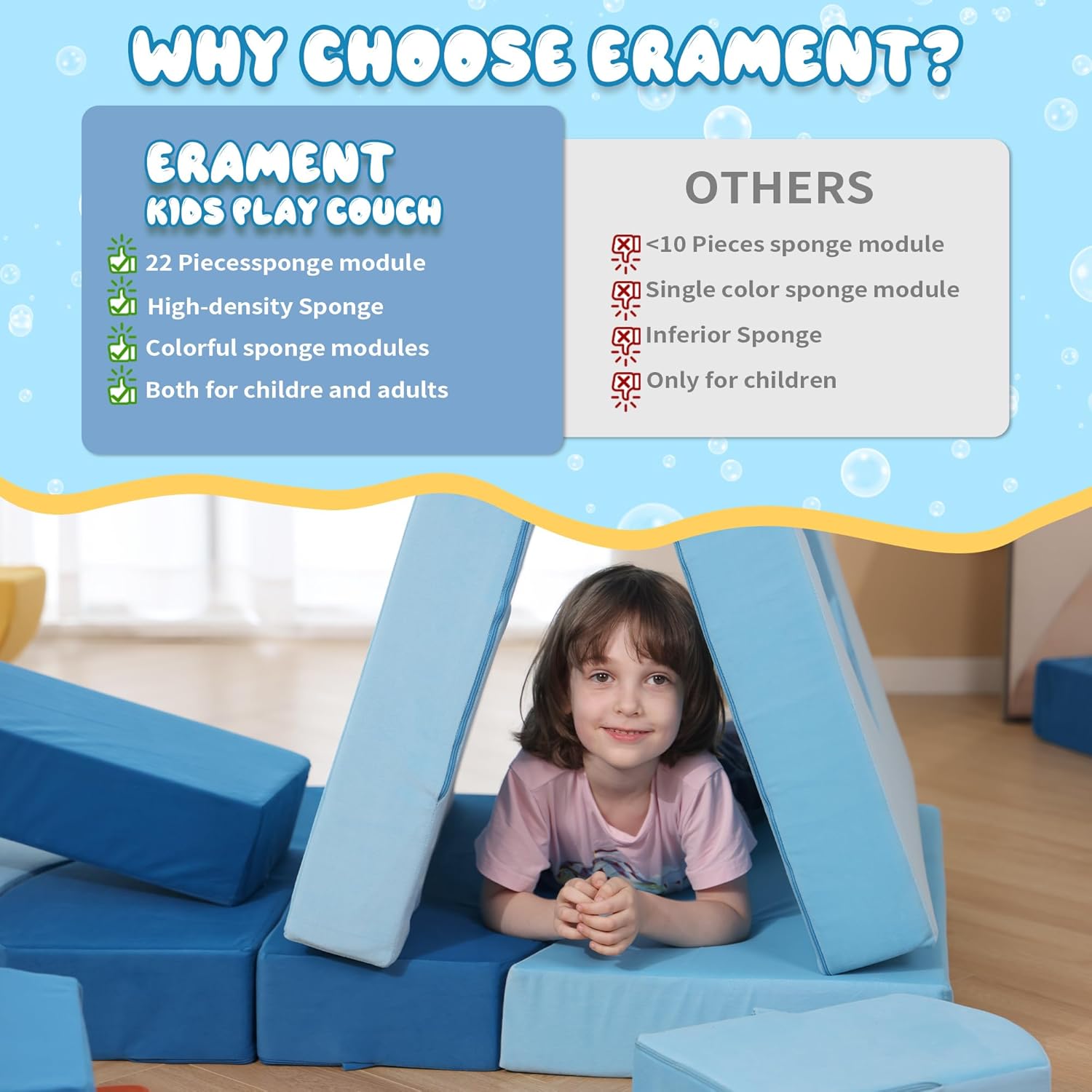 Erament 22Pcs Modular Kids Play Couch for Toddler - Kids Sofa Bed for Playroom, Convertible Furniture Ocean Theme Modular Sofa Building Fort for Inspiring Creativity