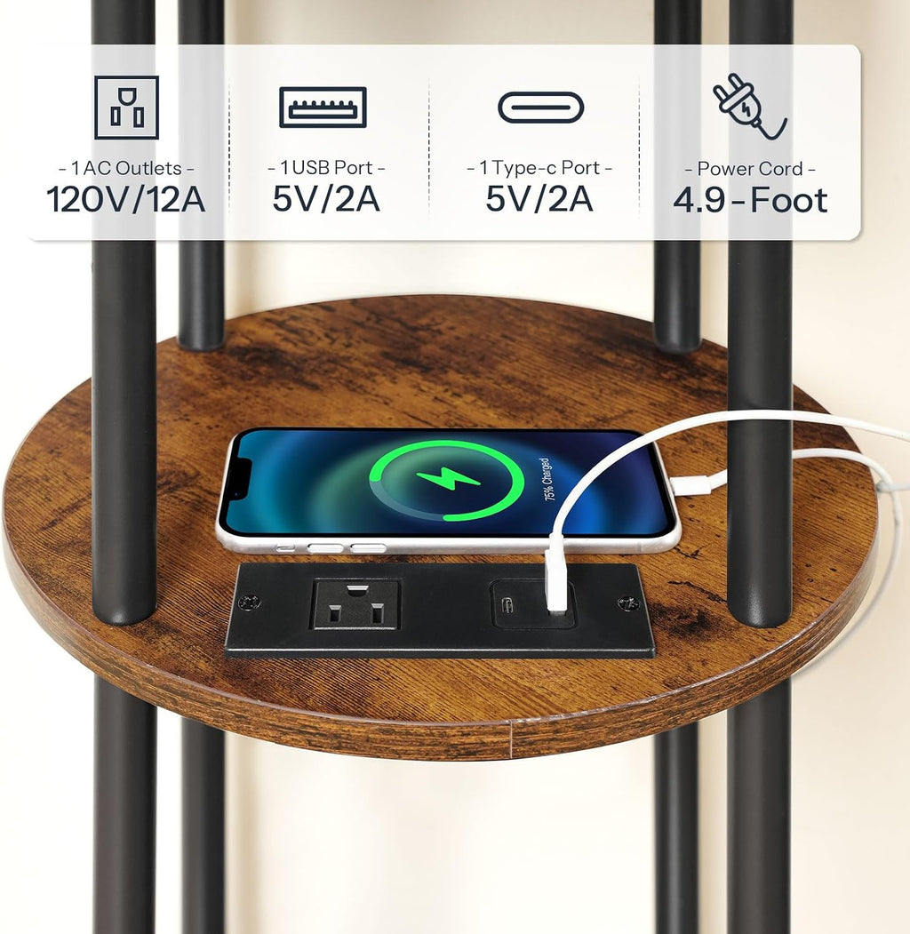 HOOBRO Small Round Side Table, 3-Tier Compact Sofa End Table with Charging Station, Circle Bedside Table Nightstand with Storage, for Small Space, Living Room, Bedroom, Rustic Brown BF219UBZ01