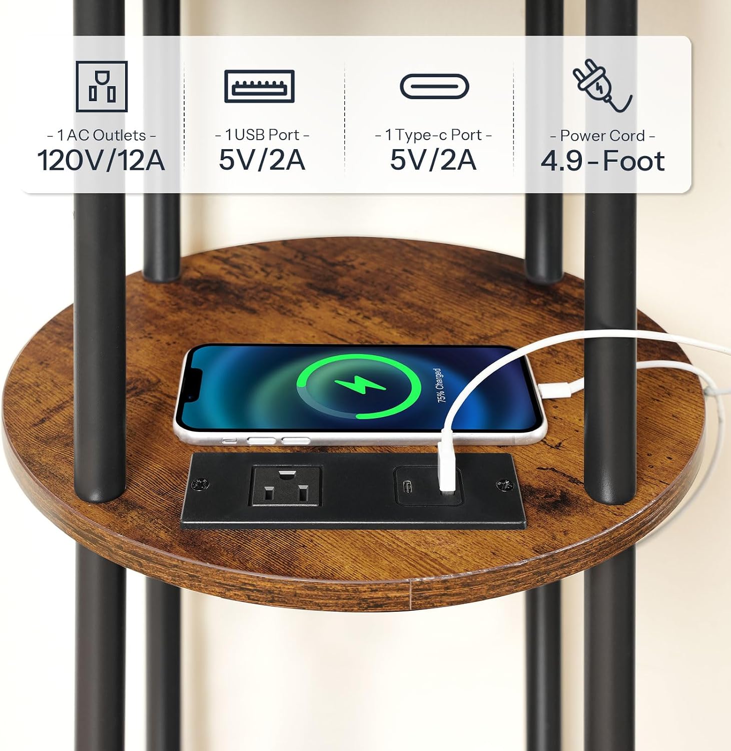 HOOBRO Small Round Side Table, 3-Tier Compact Sofa End Table with Charging Station, Circle Bedside Table Nightstand with Storage, for Small Space, Living Room, Bedroom, Rustic Brown BF219UBZ01