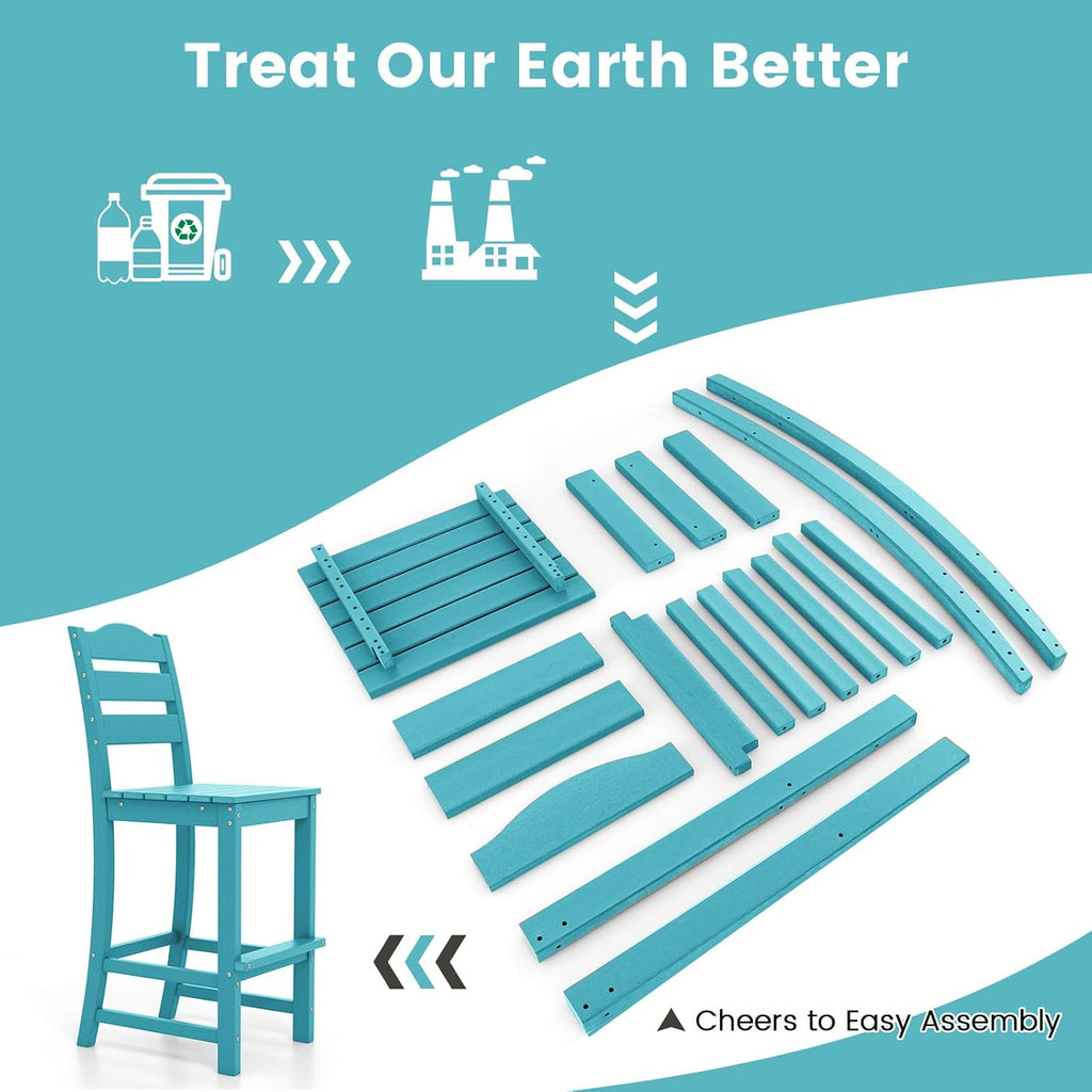 Giantex Outdoor HDPE Bar Stool, Patio Tall Bar Chair with Backrest and Footrest, 30 Inches Counter Height Barstools for Garden, Backyard, Weather Resistance, Easy Maintenance(2, Turquoise)