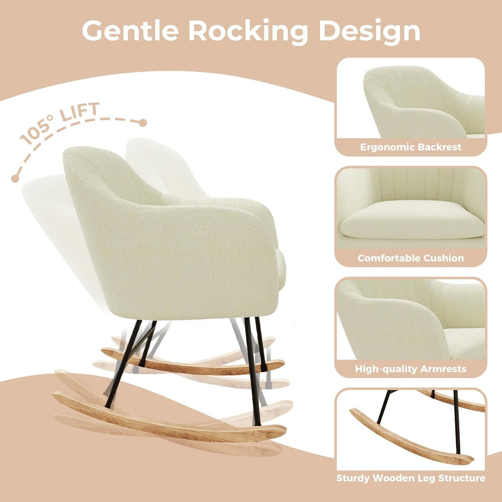 GarveeHome Nursery Rocking Chair, Upholstered Chenille Glider Rocker Chair, Modern Armchair With Wood Legs, Indoor Comfy Accent Chair Nursing Chairs Holds Up to 350 LBS for Living Room, Bedroom, Beige