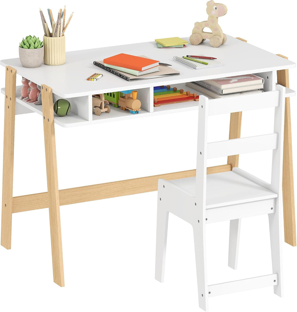 Qaba Kids Desk and Chair Set for 3-12 Years Old, Children Study Desk with Storage Compartment, Student Writing Table Computer Workstation for Home Bedroom School Use