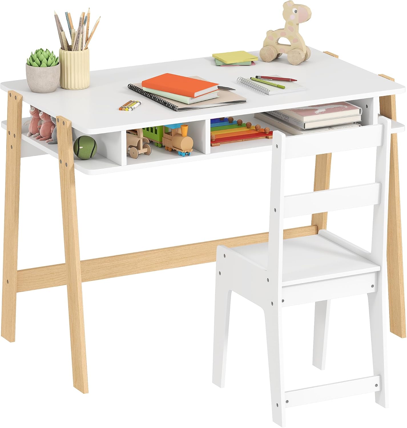 Qaba Kids Desk and Chair Set for 3-12 Years Old, Children Study Desk with Storage Compartment, Student Writing Table Computer Workstation for Home Bedroom School Use
