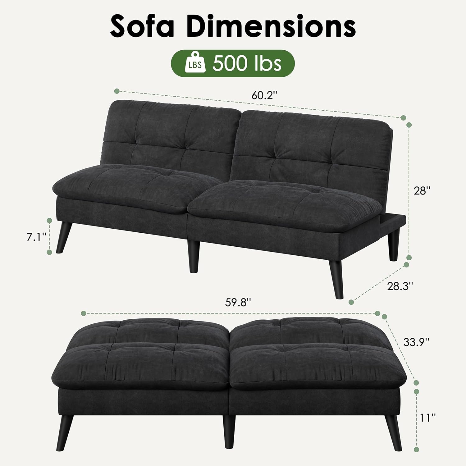 Vongrasig Futon Sofa Bed Velvet Futon Couch with Adjustable Backrest, Small Convertible Folding Sleeper Sofa Bed, Modern Loveseat for Living Room, Bedroom and Small Space, (Black)