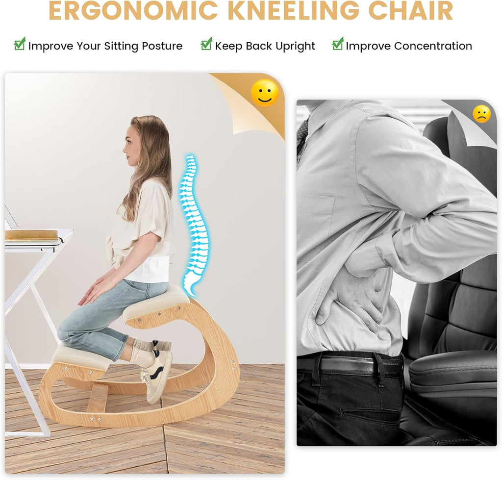 Ergonomic Kneeling Chair, Wooden Posture Chair W/Extra Padding for Back Neck Pain Relief & Improving Posture, Rocking Meditation Stool W/Knee Support for Home Office (Beige)