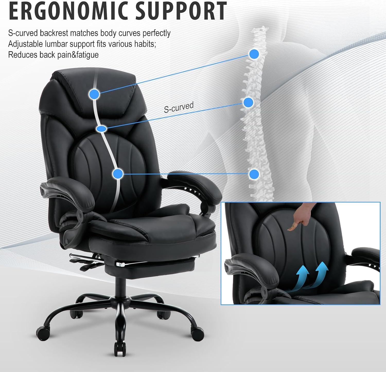 400lbs Reclining Office Desk Chairs with Footrest Back Support PU Leather High Back Wide Seat Recliner Executive Office Chairs for Women, Big Tall Managerial Chairs, Black
