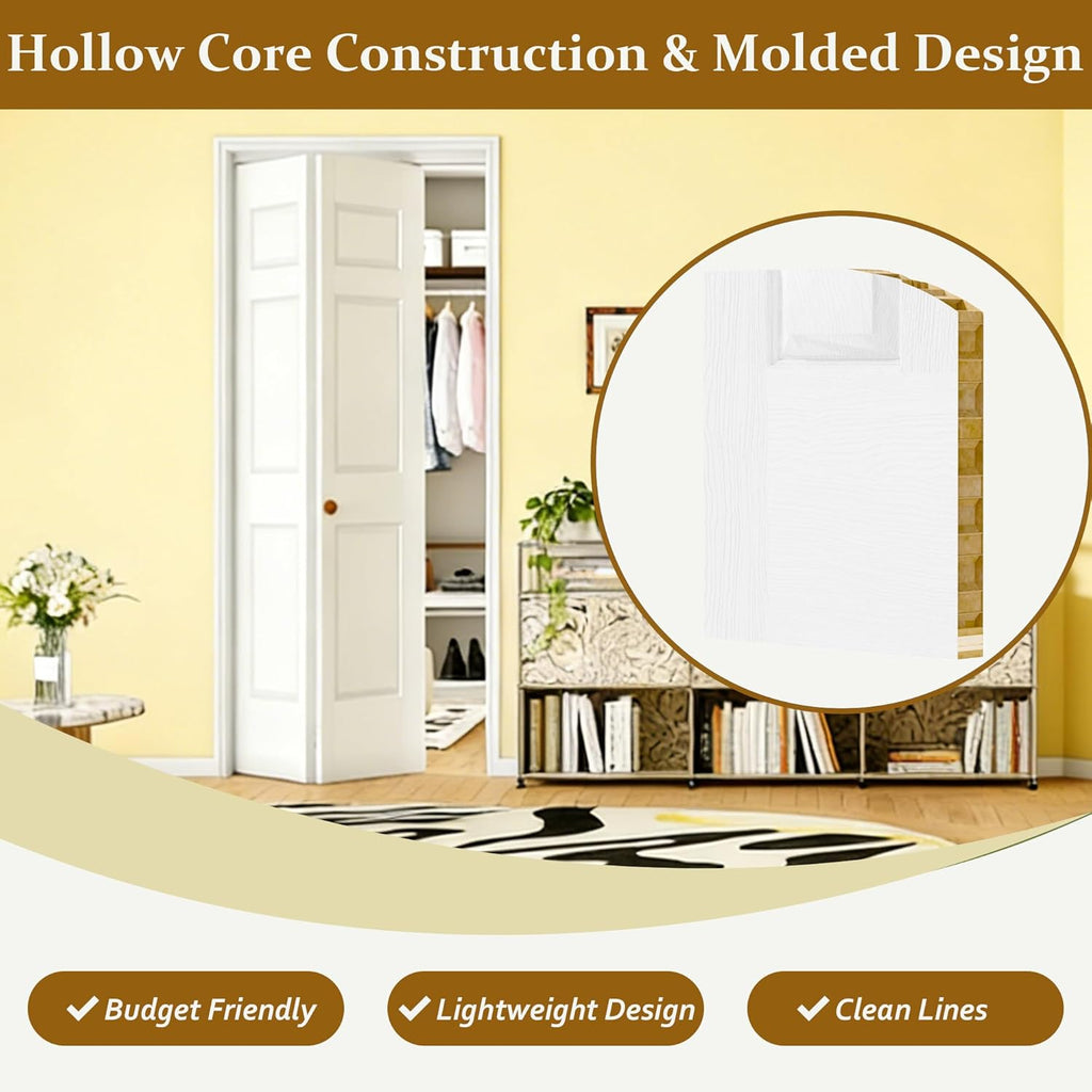 Bifold Doors for 36" x 80" Opening, 6 Panel White Primed Closet Doors with Concealed Hardware Kit, Hollow Core Interior Folding Barn Door Panels for Laundry, Pantry & Bedroom