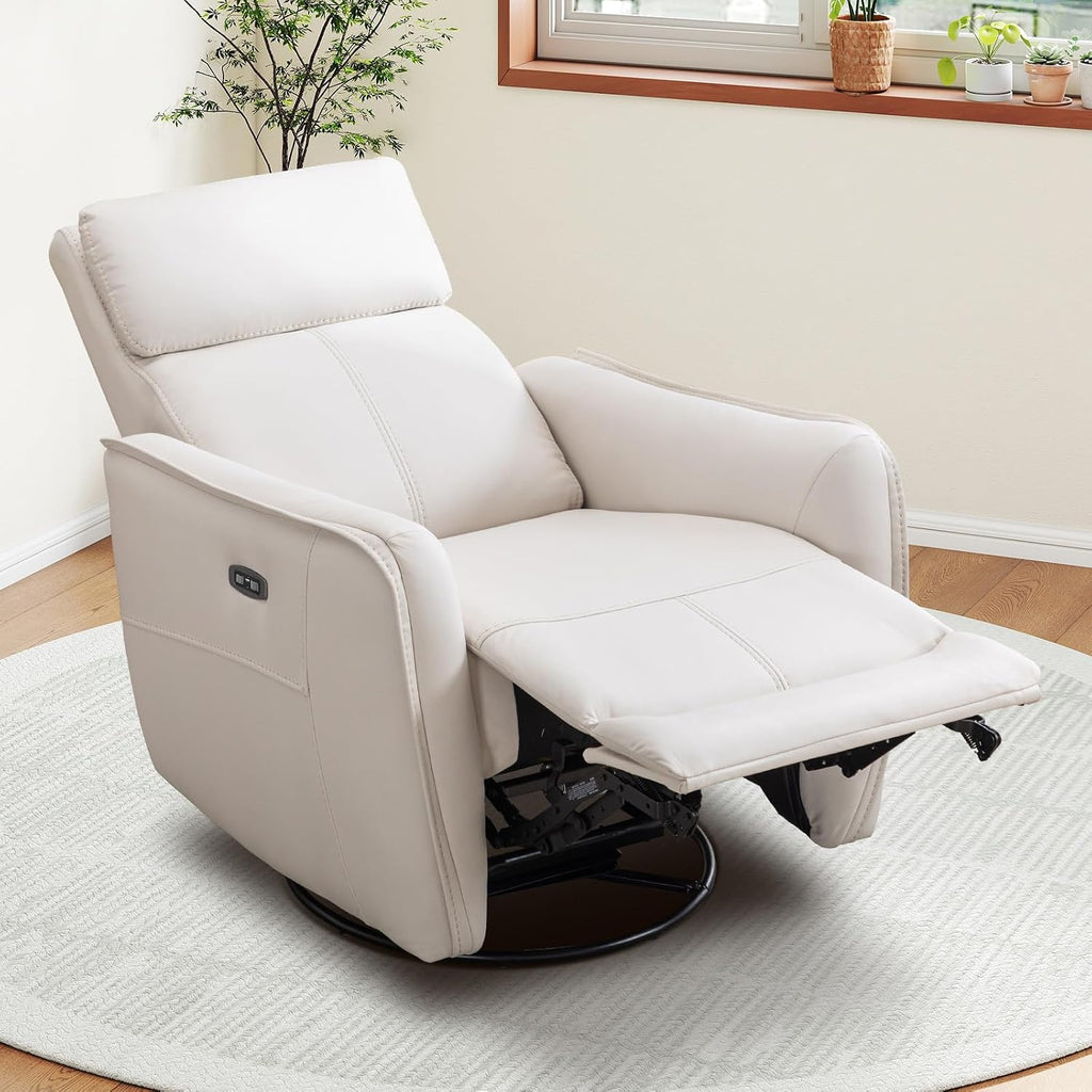 CANMOV Power Recliner Swivel Glider, Electric Swivel Rocker Recliners, Leatheraire Chair, Nursery Rocking Recliner Chair Reclining Sofa for Living Room, USB&Type-C Port, Cream White