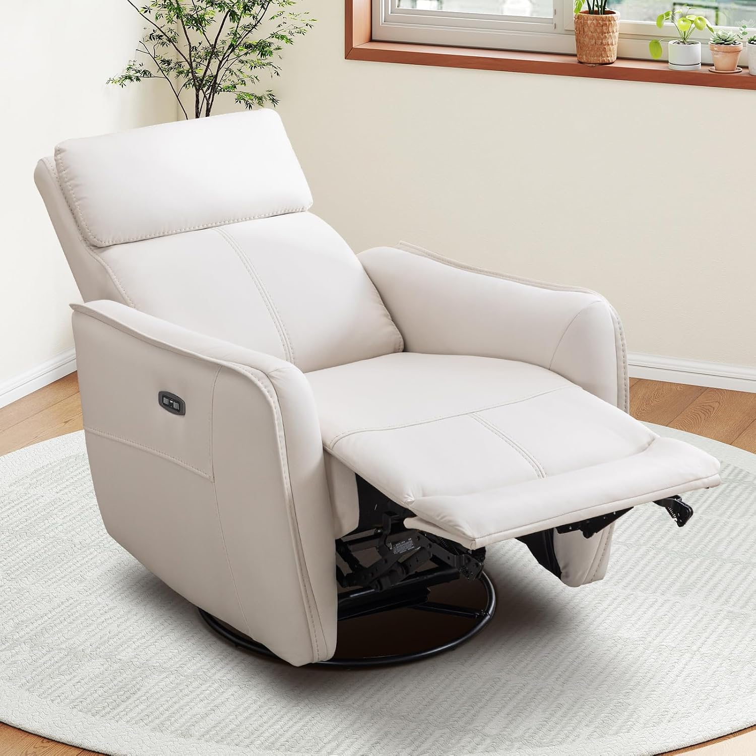 CANMOV Power Recliner Swivel Glider, Electric Swivel Rocker Recliners, Leatheraire Chair, Nursery Rocking Recliner Chair Reclining Sofa for Living Room, USB&Type-C Port, Cream White