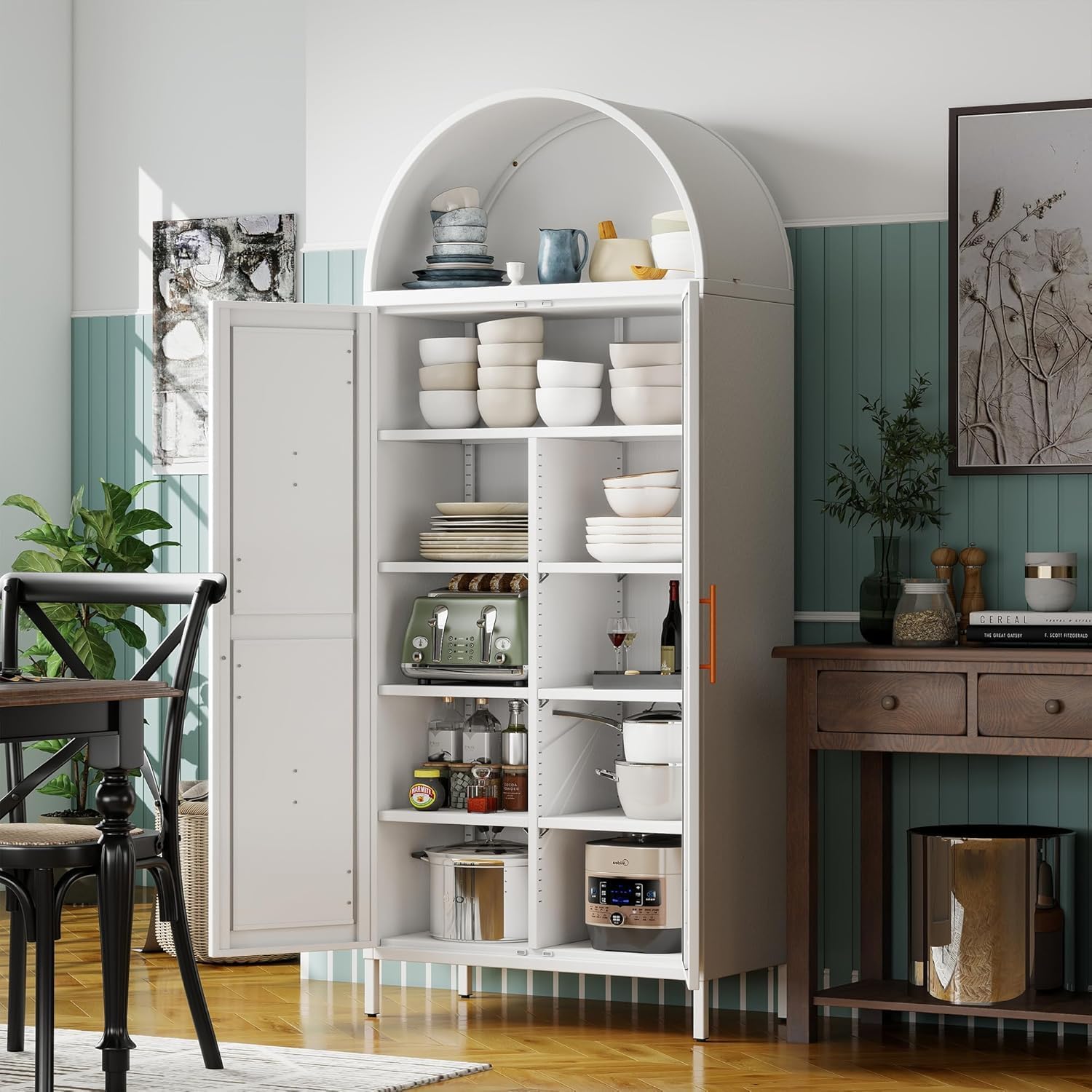 72.8" White Metal Arched Pantry Cabinet for Kitchen Storage, Tall 2-Door Cupboard with 6 Adjustable Shelves, Magnetic Closure & Anti-Tip Kit, 15.4" D x 30.7" W, Assembly Required