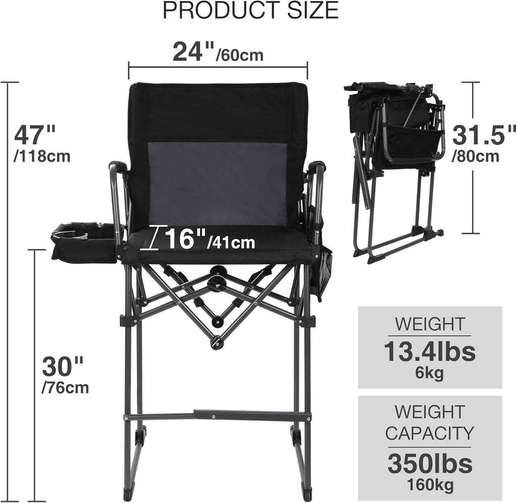 Portable 29" Seat Height Tall Folding Camping Chair High Foldable Directors Chair Bar Height Stool with Side Table and Storage Bag for Makeup Artist, Lawn,Craft Show,Supports 350LBS Black