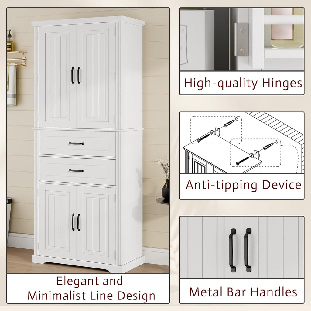 73 Inch Bathroom Storage Cabinet with Door Shelves, White | White MDF, bathroom kitchen or dining room, door shelves, adjustable shelf, lower compartments, anti-tip devices, 72.5 in H