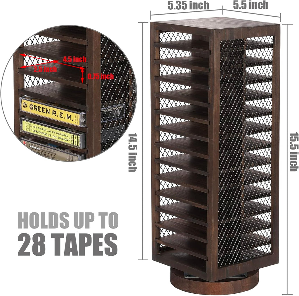FARM IN Cassette Tape Storage, 360-Degree Rotatable Design Farmhouse Style Cassette Rack Tower, Double-Sided 28-Slot, Rustic Solid Burnt Wood & Diamond Metal Wire Mesh