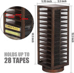 FARM IN Cassette Tape Storage, 360-Degree Rotatable Design Farmhouse Style Cassette Rack Tower, Double-Sided 28-Slot, Rustic Solid Burnt Wood & Diamond Metal Wire Mesh