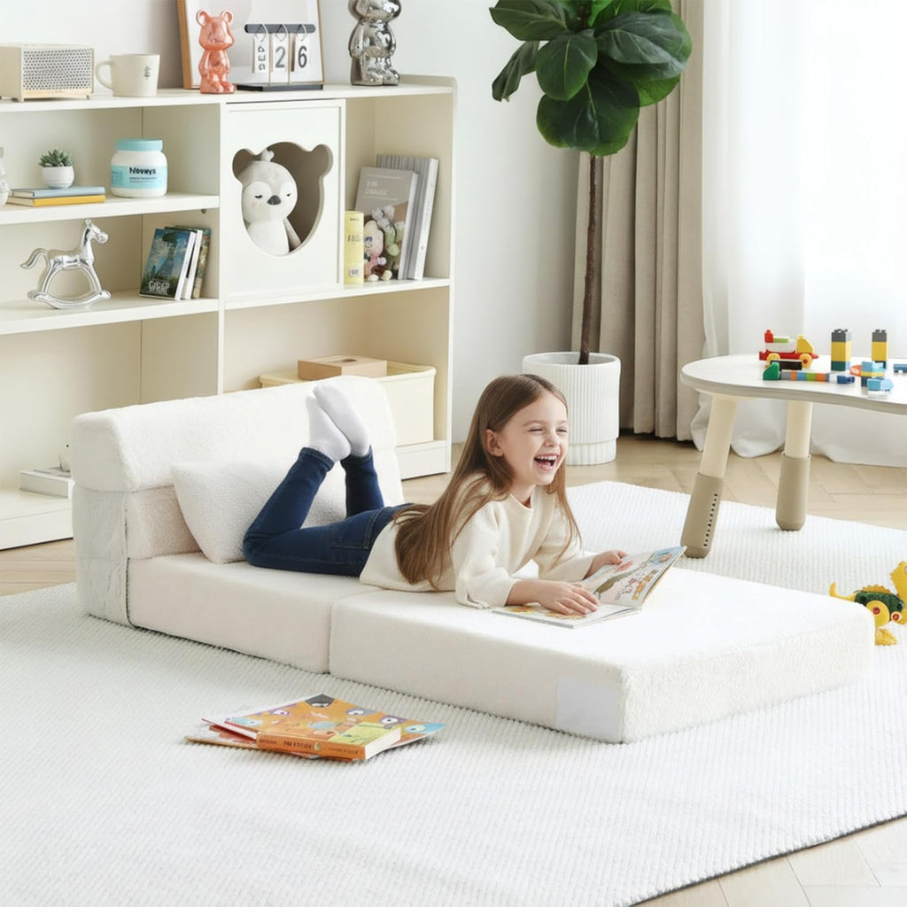 Tiita Convertible Folding Kids Sofa Bed with Pillow & Storage Bag, Plush Fabric Floor Mattress Couch Bed, Washable Cover, Kids Room, Playroom, Dorm, Apartment, Beige