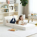 Tiita Convertible Folding Kids Sofa Bed with Pillow & Storage Bag, Plush Fabric Floor Mattress Couch Bed, Washable Cover, Kids Room, Playroom, Dorm, Apartment, Beige