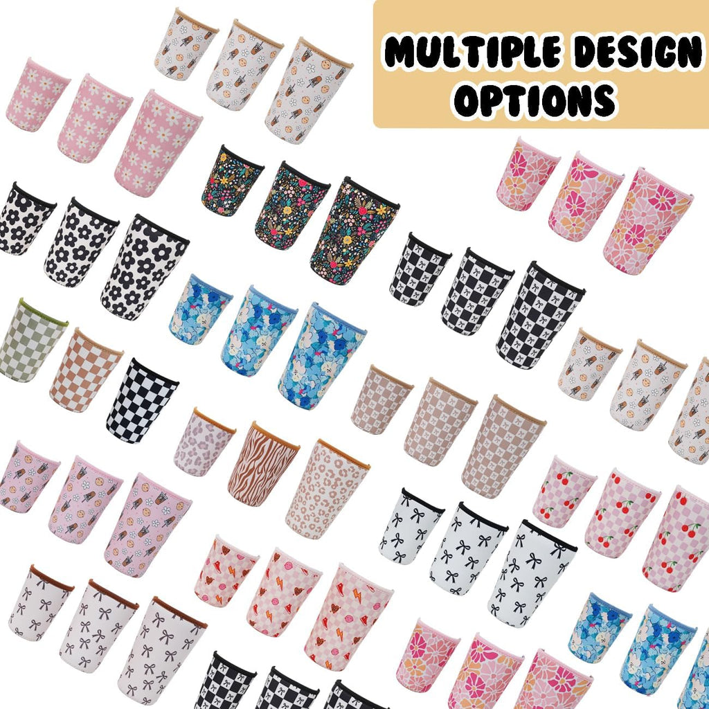 Reusable Insulated Neoprene Iced Coffee Cup Sleeve, Durable Drink Sleeve for Cold Beverages, Beverage Holder for Iced Coffee, Caramel Checkered Bows