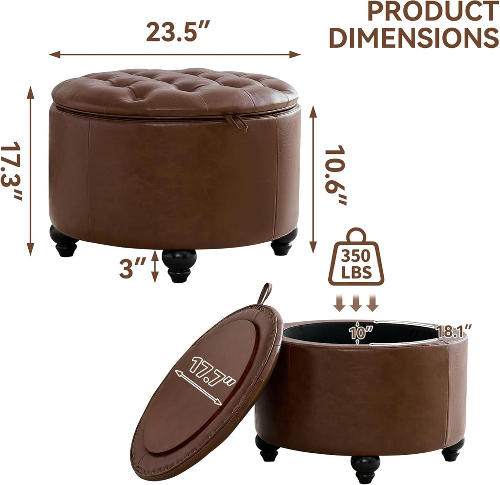WUTUTUEE 24Inch Round Storage Ottoman with Tray, Modern Tufted Leather Circle Coffee Table with Storage, Upholstered Ottoman with Removable Top for Living Room, Bedroom, Leather Coffee