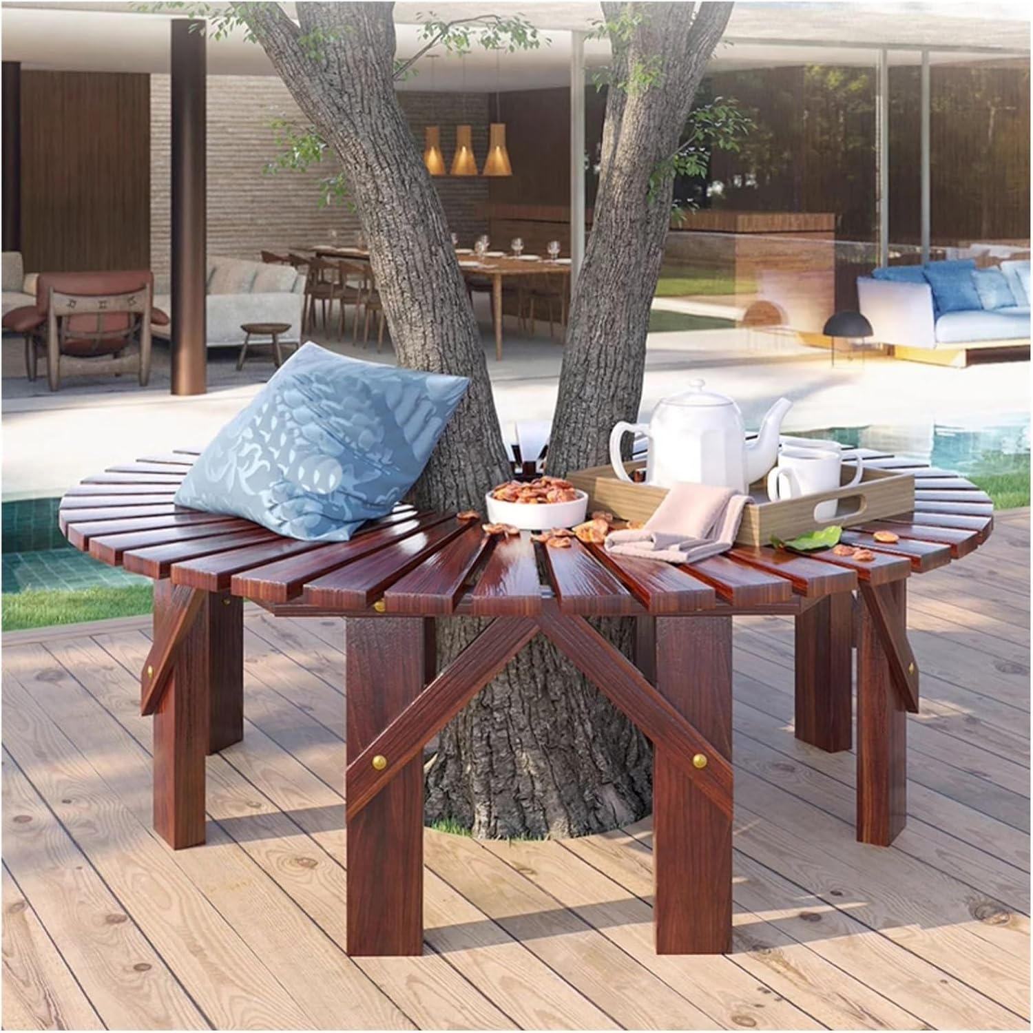Circular Wooden Patio Wrap Seat Chair,Backyard Park Furniture Outdoor Collection,for Porch Lawn Backyard