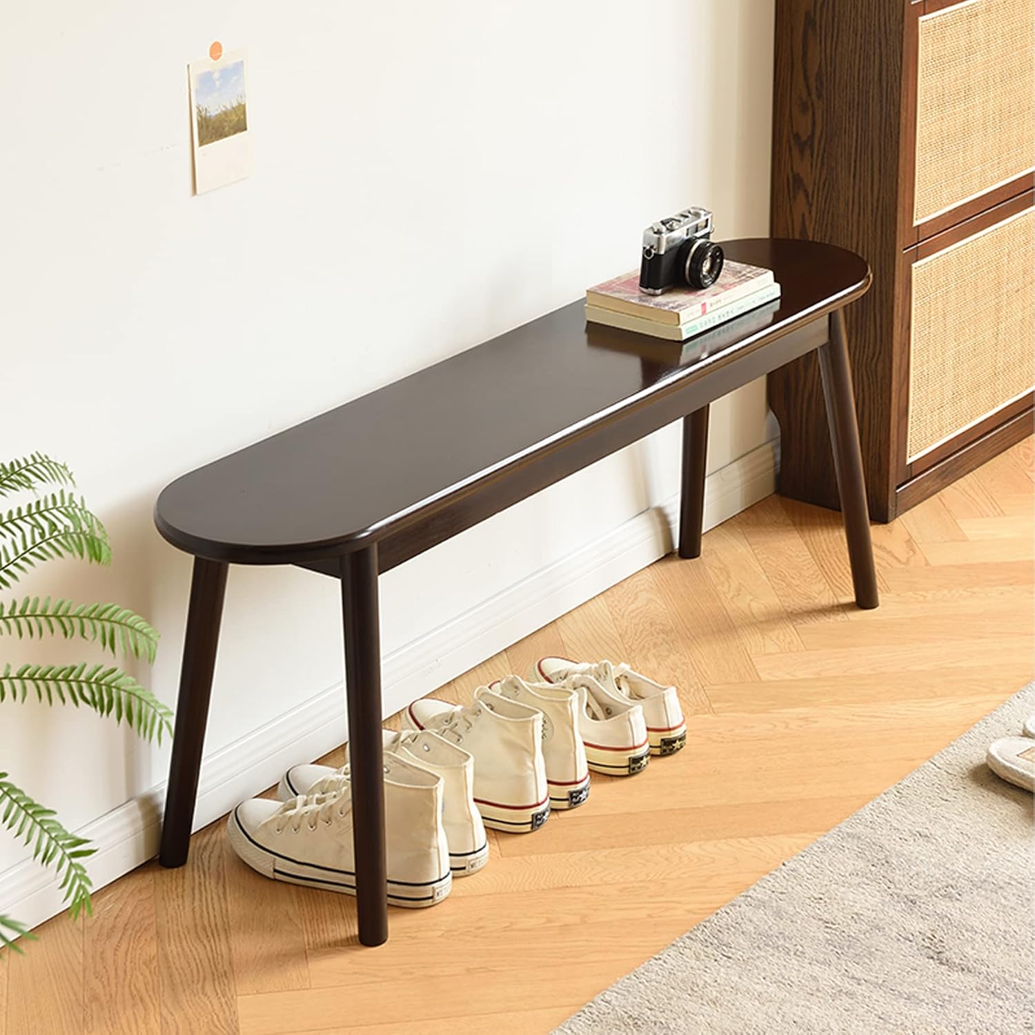 Entryway Bench, Solid Wood Dining Bench, Midcentury End of Bed Bench w/Rounded Corner, Outdoor Bench w/Robust Construction, Bedroom Bench, 10.24" W x 17.72" H（Walnut 47.2inches）