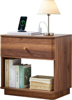 FurSch Modern End Table with Charging Station for Living Room, Wood Side Table with Drawer & Storage Shelf for Bedroom Couch Sofa (Walnut-1 pc)