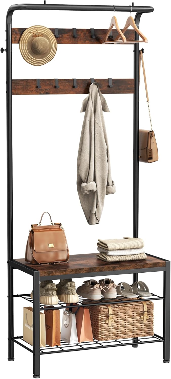 NEWBULIG Coat Rack, Hall Tree with Shoe Bench, 4-in-1 Entryway Organizer with 10 Hooks and Storage Shelf, Rustic Wood Entryway Bench for Mudroom, Living Room, Bedroom, Brown