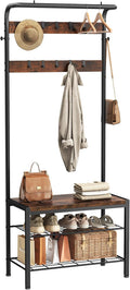 Hall Tree with Bench and Shoe Storage, 4-in-1 Entryway Organizer with 10 Hooks and Storage Shelf,Coat Rack Freestanding with 2-Tier Storage Shelf for Living Room, Deep Rustic