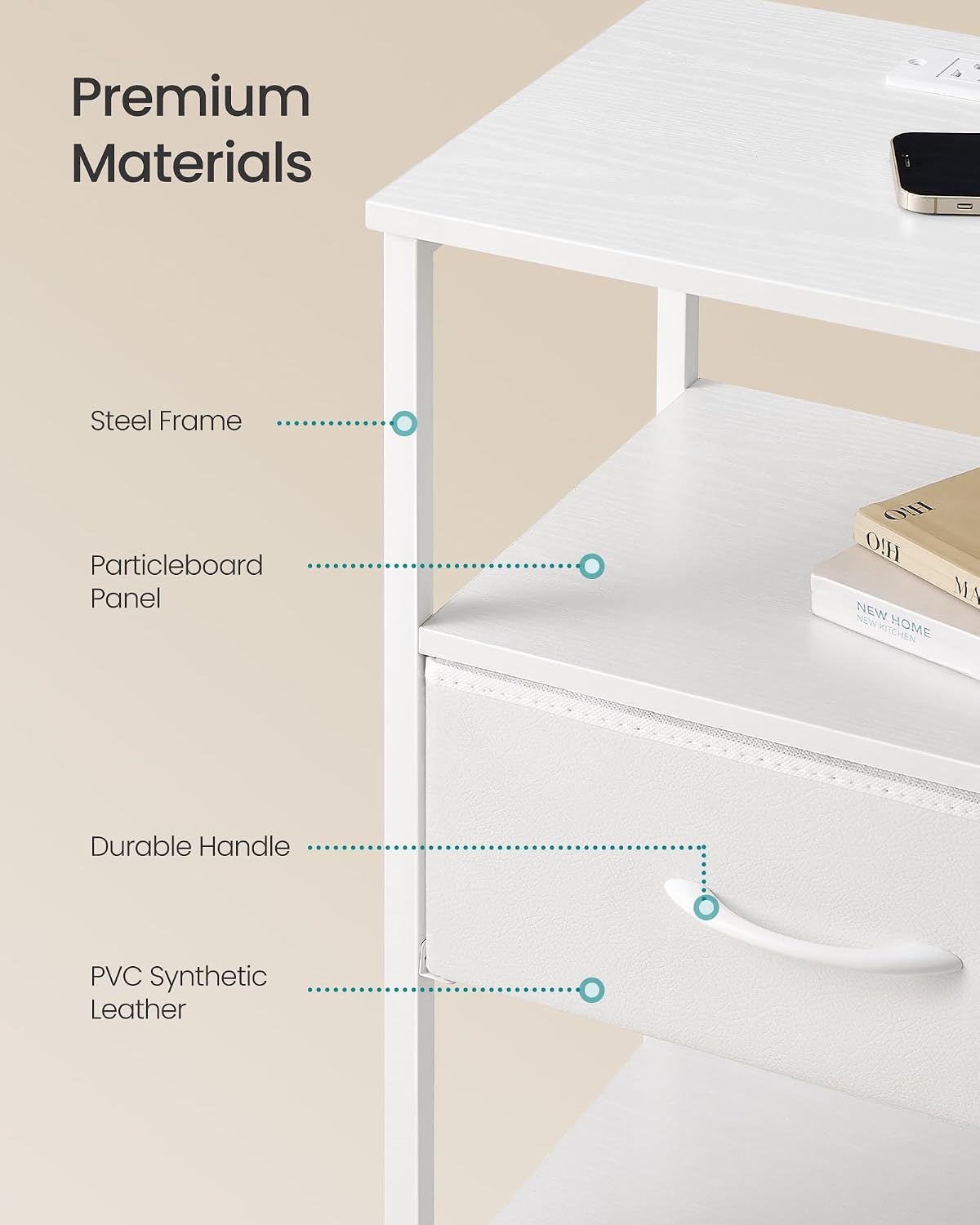 SONGMICS BELLAH Collection - Set of 2 Nightstands with Charging Station and App-Controlled Adjustable LED Lights, Bed Side Tables,1 Drawers, Cloud White and Snow White ULGS201W101S