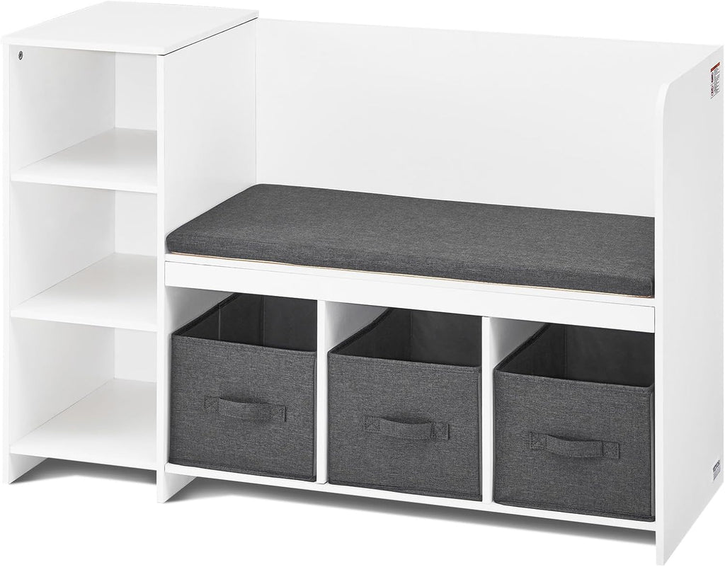 VEVOR Kids Reading Nook Bench, Toddler Bookshelf and Bookcase with Detachable Seat Cushion, 6-Cubby Storage Organizer Bench with 3 Drawers, Ideal for Playroom, Bedroom, Living Room or Entryway, White