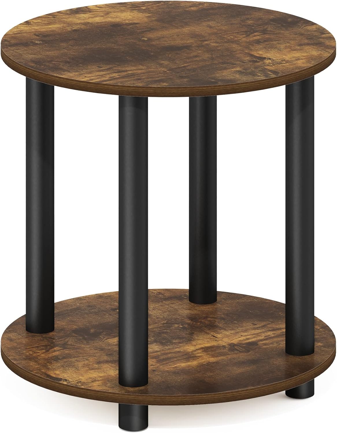 Furinno Turn-N-Tube Toolless Assembly Side Table, 2-Tier Rustic Brown Round End Table with Open Shelf, Night Stand, Bedside Table, for Living Room, Bedroom, Amber Oak