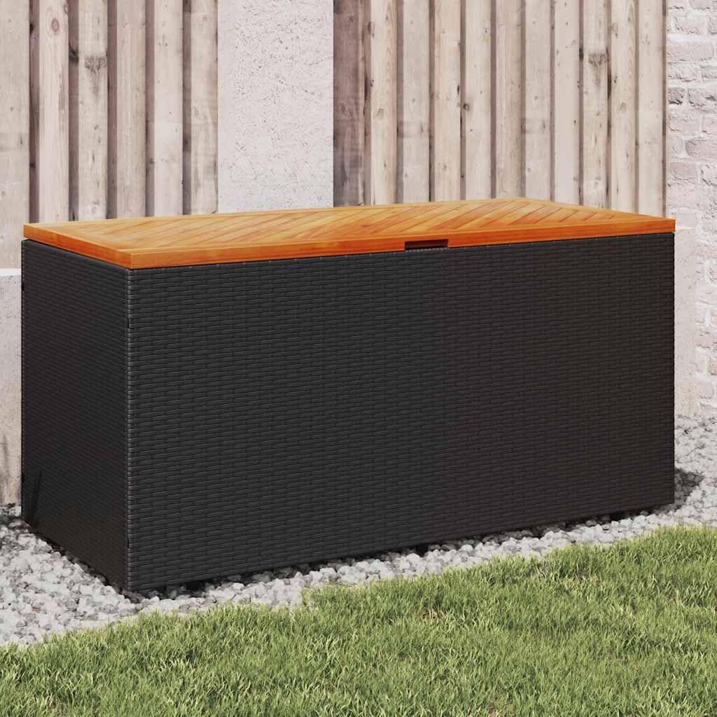 Patio Storage Box Black 43.3"x19.7"x21.3" Poly Rattan Acacia Wood Garden Bench Seat with Waterproof Bag