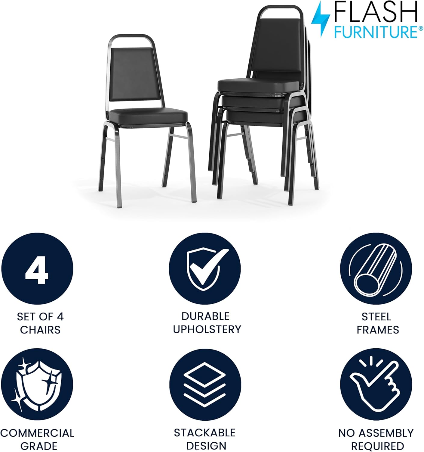 Flash Furniture Hercules Set of 4 Trapezoidal Vinyl Stacking Chairs, Commercial Stackable Chairs with Padded Seats and Backs, Black