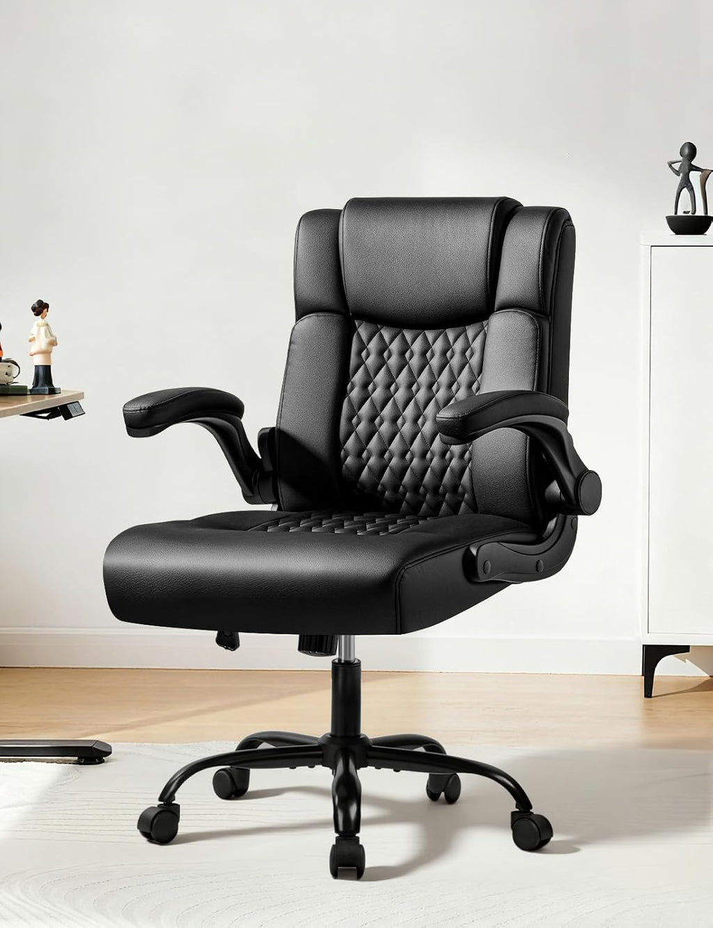Executive Office Chair, Ergonomic Home Office Desk Chair with Lumbar Support & Flip-up Armrest, PU Leather Computer Seating for Short People, Black