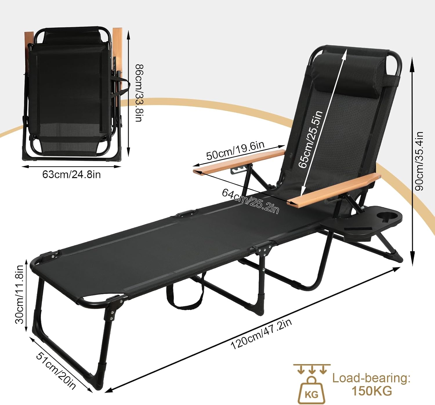 Foldable Lounge Chair, 4-Position Adjustable Outdoor Folding Lounge Chair with Cup Holders and Trays, Sunbathing Chair Portable with Removable Pillow, for Garden, Beach, Patio, Pool (Black)