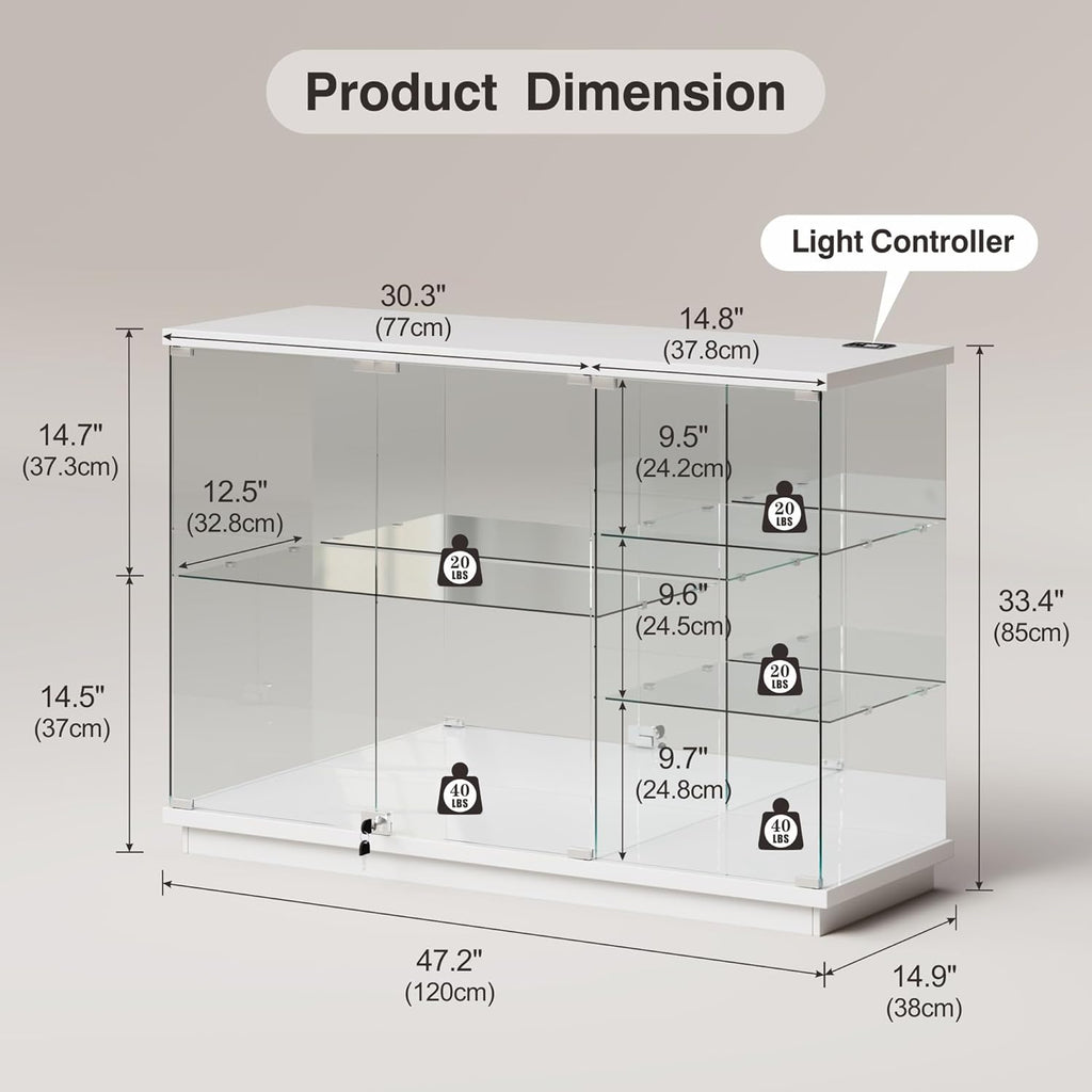 Lvifur RGB Glass Display Cabinet - with Lock, High Gloss Curio Cabinet Sideboard with Human Body Sensor & Glass Shelves for Toys, Books, Collectibles, Bookcase for Living Room, Kitchen, Study, White