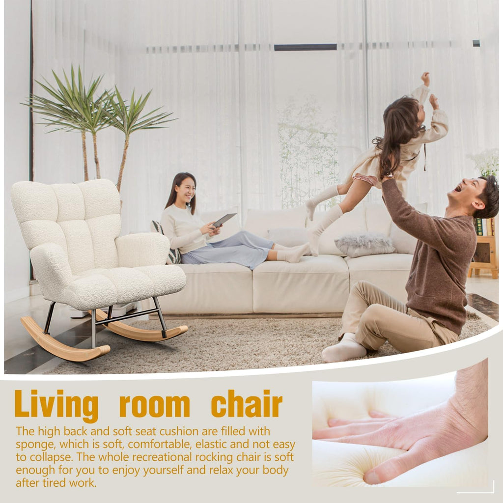 VIRRMO Glider Rocking Chair for Bedroom Chair, Comfy Accent Chair Reading Chair with High Backrest Armchair Teddy Soft Upholstered Living Room Chairs for Nursery Bedroom Home (Milky White)