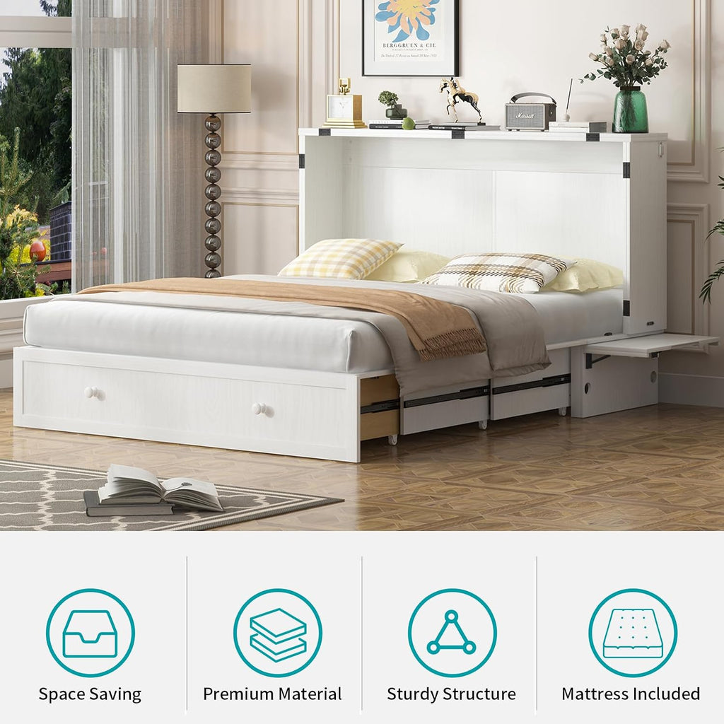 BALUS Queen Murphy Bed, Cabinet Murphy Bed with Large Storage Drawer-White | USB Charing Station, Spacious Drawer, Space Saving, Queen Bed Frame
