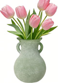 Green Glass Vase with Handles, 7.5 Inch Rustic pottery Style Flower Vase, Vintage Decorative Round Bud Jar for Dried Flowers, Earthy Aesthetic Centerpiece for Modern Farmhouse & Boho Spring Home Decor